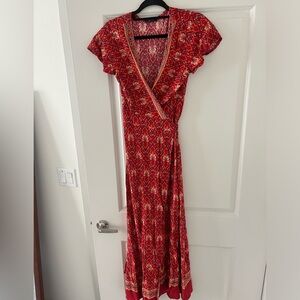 Red, long wrap dress
